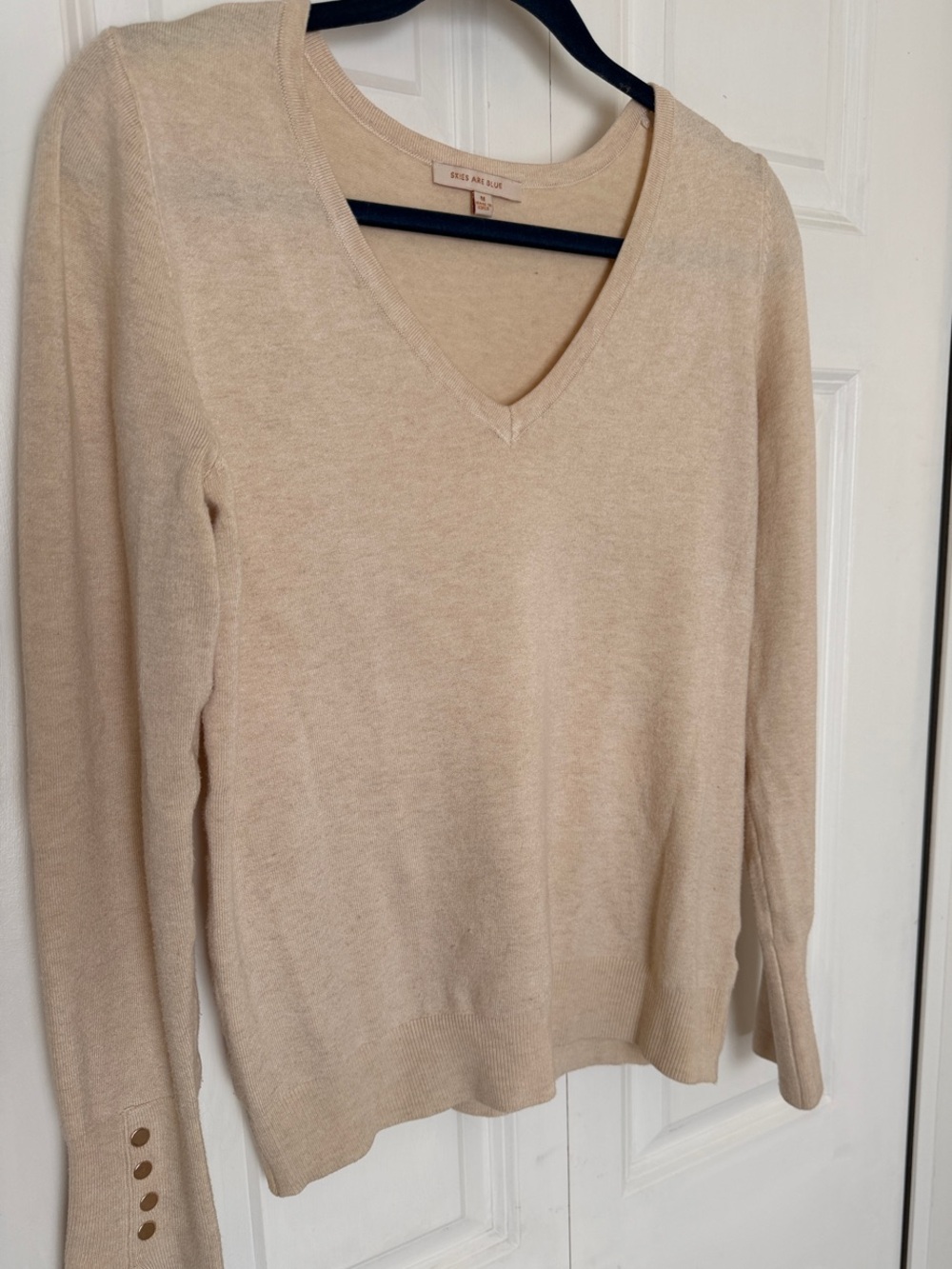 Skies Are Blue Neutral Beige V-Neck Button-Cuff Sweater